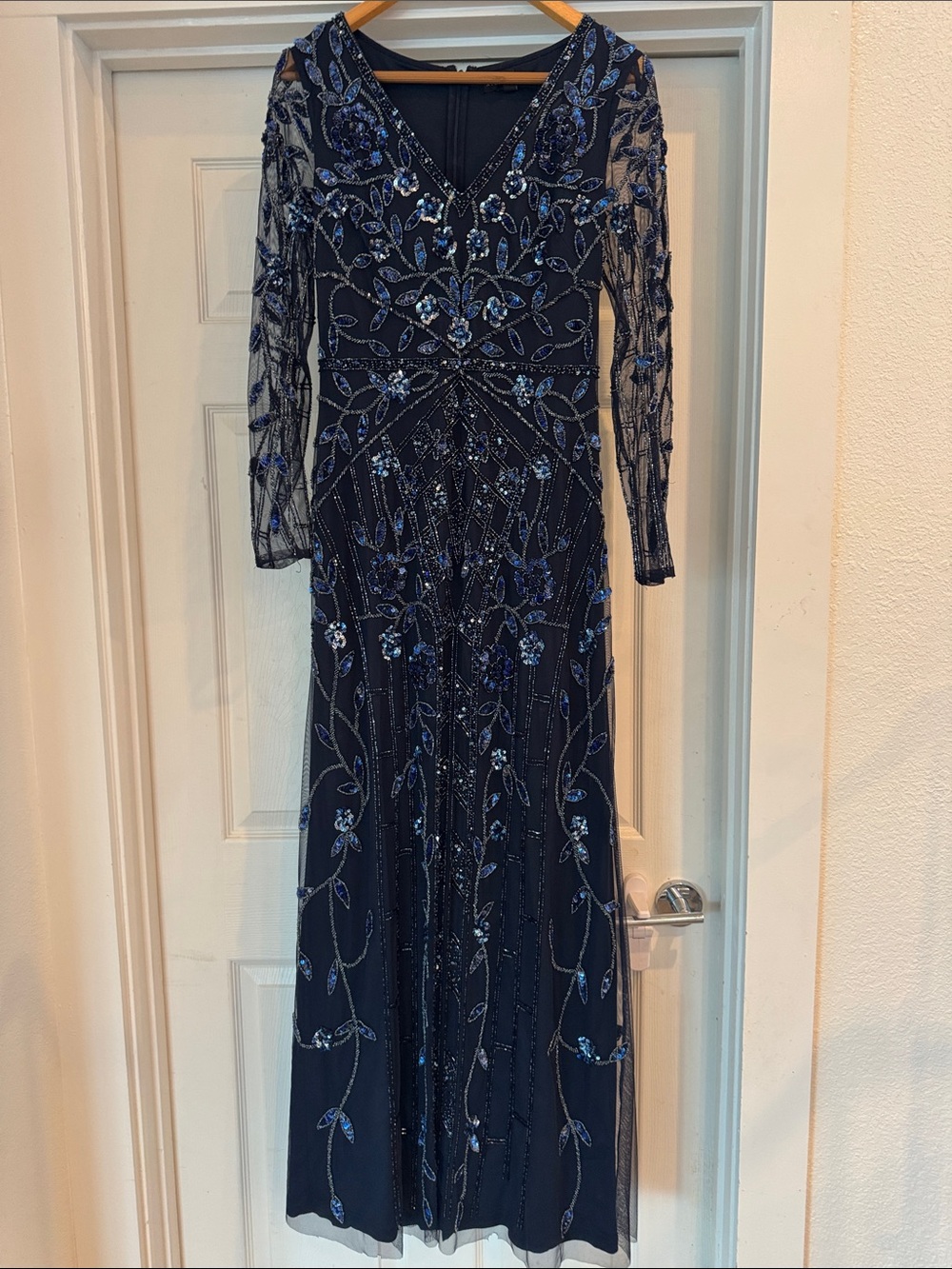 Aidan by Aidan Mattox Navy Blue Beaded Long Sleeve Gown